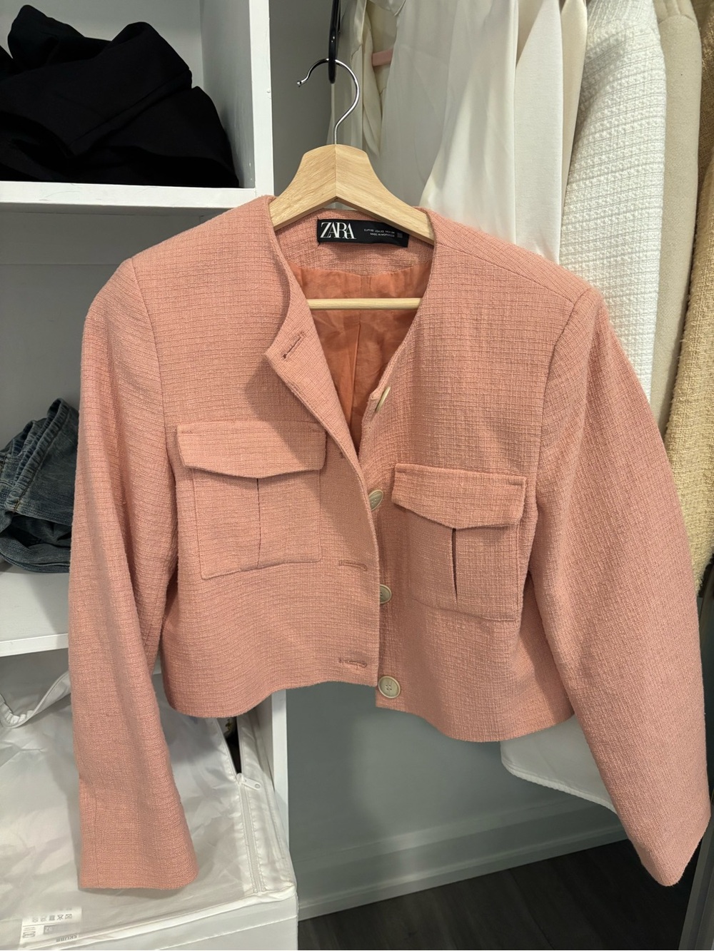 ZARA Blush Pink Cropped Tweed Collarless Jacket
